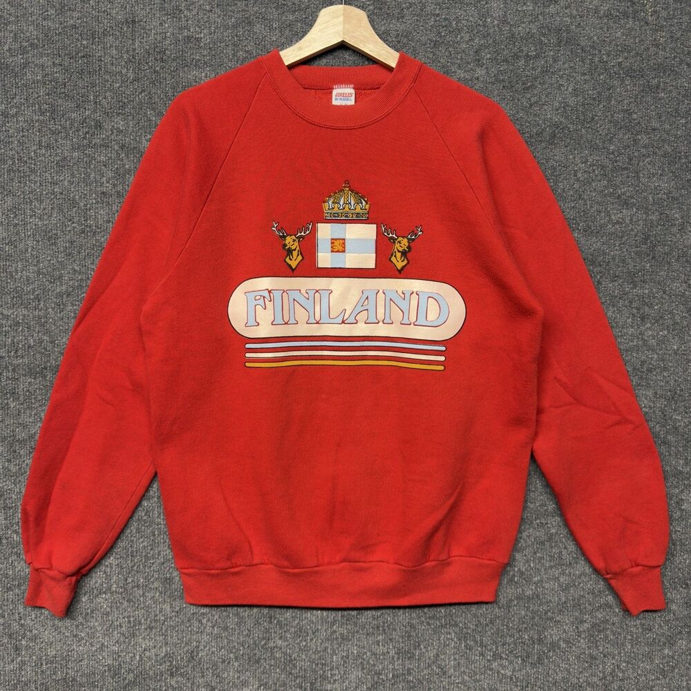 Vintage Jerzees Sweatshirt Mens XL Red Finland Flag Crest Graphic Fleece USA 90s